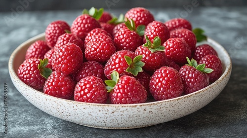 Fresh ripe raspberries arranged beautifully in a speckled bowl placed on a textured surface, showcasing vibrant color and inviting appeal.