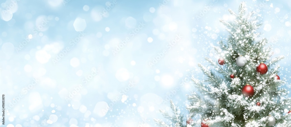 Snowy Christmas tree with red baubles on a serene blue background evoking festive holiday spirit and winter wonderland vibes Snowy Christmas tree with red baubles on a serene blue background evoking festive holiday spirit and winter wonderland vibes