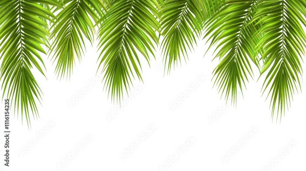 Fototapeta premium Lush green palm leaves creating a vibrant tropical background on a clean white surface for design and decoration needs