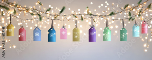 Festive holiday decorations with colorful gift tags and fairy lights create joyful atmosphere