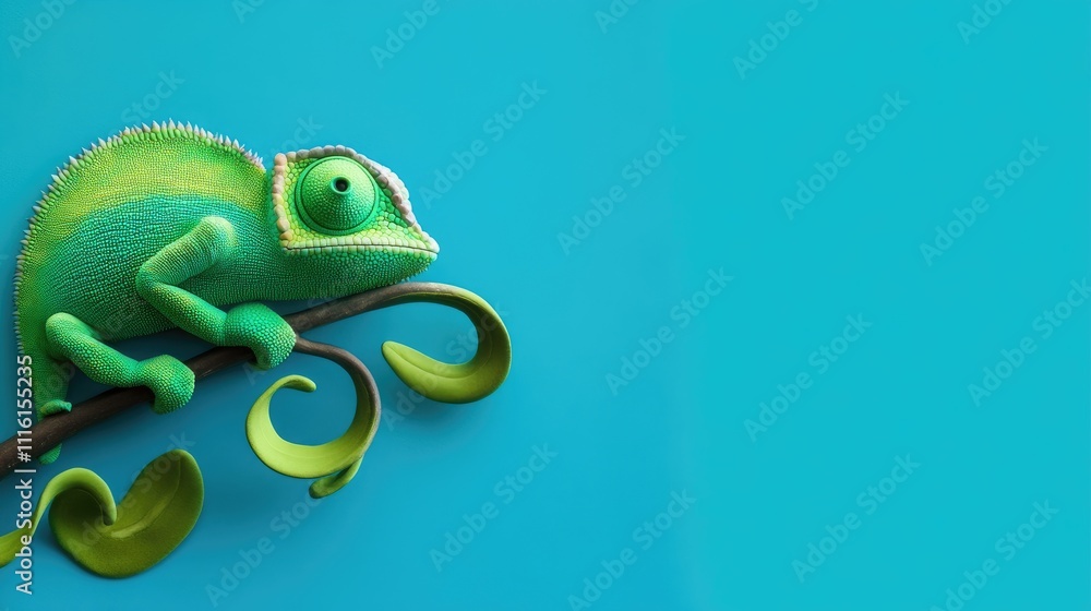 Fototapeta premium Vibrant Green Chameleon Resting on a Branch Against a Bright Blue Background in a Captivating Close-Up Shot