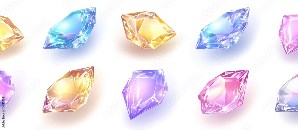Fototapeta premium Colorful gemstones arranged in various shapes on a white background showcasing transparency and brilliance for design and decoration use.