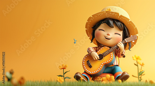 Cute 3D Cartoon Character Playing a Musical Instrument with Copy Space Background photo