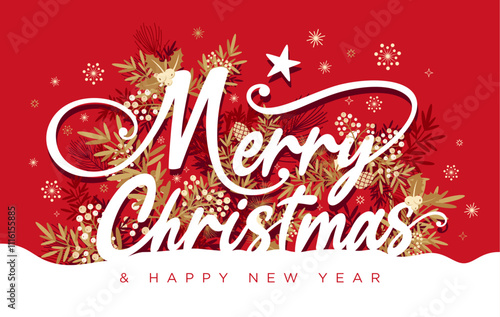 Red & gold Merry Christmas and Happy new year card, Happy Holidays banner printable with Merry Christmas text, phrase, modern simple style mistletoe, snowflakes, holly leaves, cliparts
