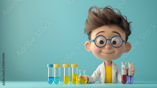 Cute Cartoon Character in Lab Coat with Test Tubes in a Lab and Copy Space Background