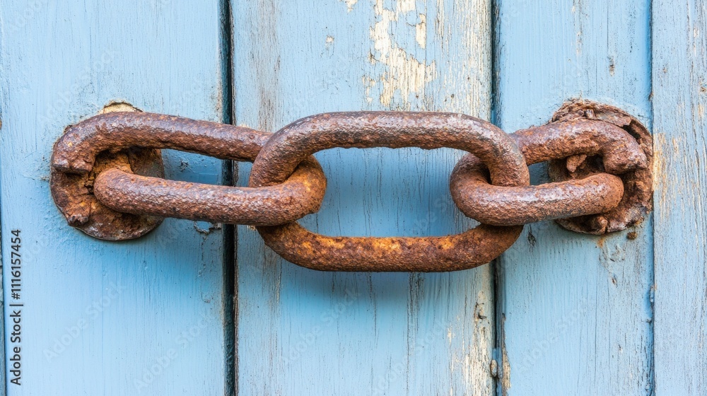 Rusty iron chain on a weathered wooden door showcasing corrosion and texture in an aged vintage style background. Rusty iron chain on a weathered wooden door showcasing corrosion and texture in an aged vintage style background.