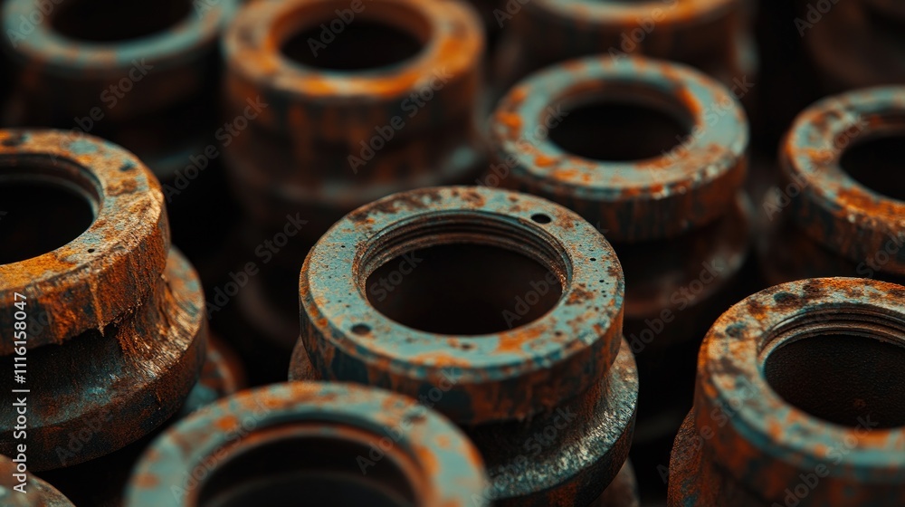Rusty bearings stacked in piles highlighting the concept of recycling and sustainability in industrial environments. Rusty bearings stacked in piles highlighting the concept of recycling and sustainability in industrial environments.