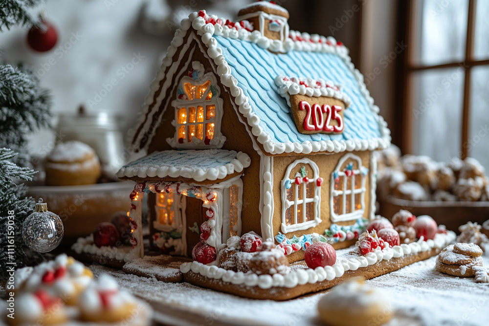 A gingerbread house decorated with icing numbers 