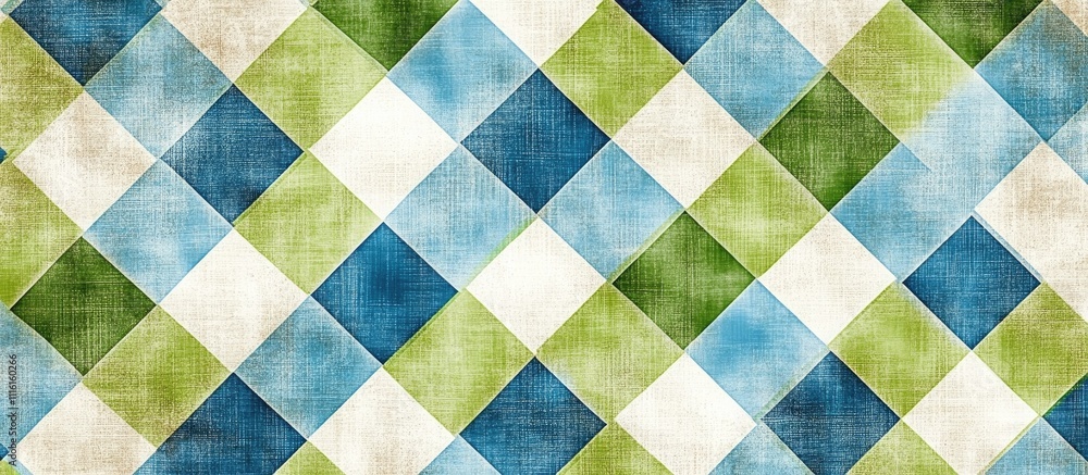 Fototapeta premium Checkered background texture in blue, green, and white hues ideal for creative design projects and digital artwork applications