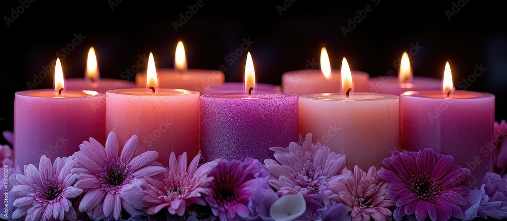 Advent wreath with pink and purple candles beautifully arranged among flowers glowing warmly against a dark background Advent wreath with pink and purple candles beautifully arranged among flowers glowing warmly against a dark background