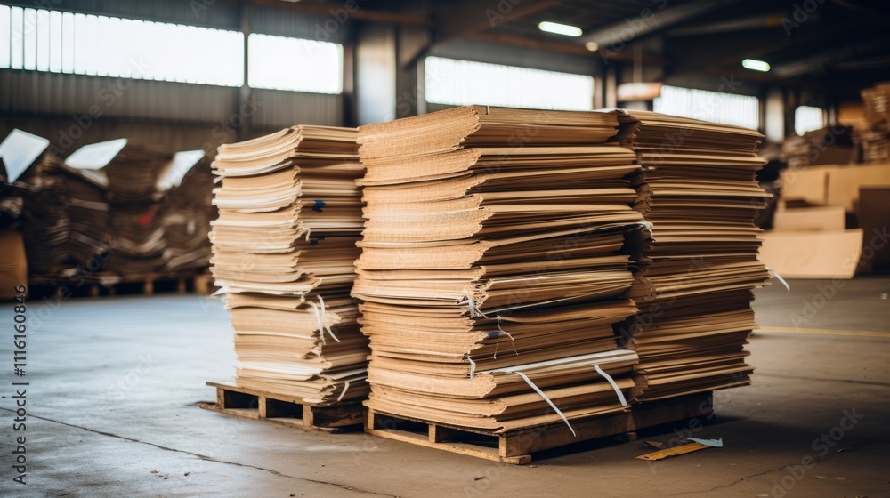 Stacked pressed corrugated cardboard ready for recycling in a warehouse environment conserving resources and promoting sustainability Stacked pressed corrugated cardboard ready for recycling in a warehouse environment conserving resources and promoting sustainability