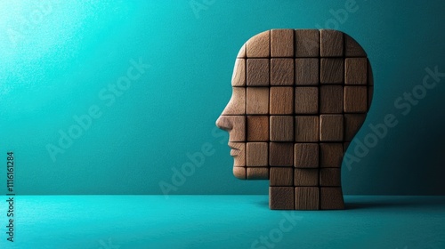 Business ethics concept showcasing wooden cubes symbolizing integrity and moral principles within a human mind, illustrating company culture and success.