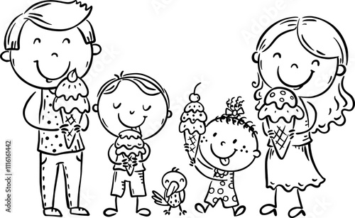 Hand drawn cartoon family eating ice cream, outline isolated characters, black and white flat vector illustration