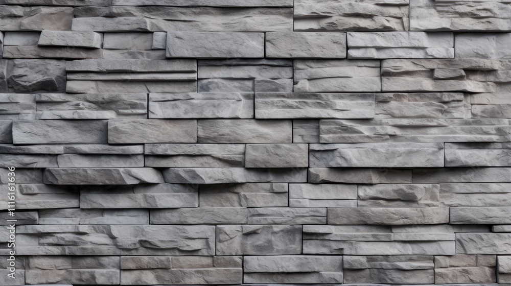 Fototapeta premium Close up of a textured stacked gray brick wall suitable for backgrounds and architectural design concepts.