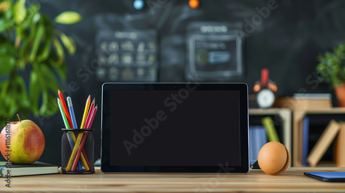 Blank Screen Computer Tablet with Keyboard Case on Wooden Desk, Coffee Cup, Potted Plant, Books, and Pen in Neat class  Room Setting photo