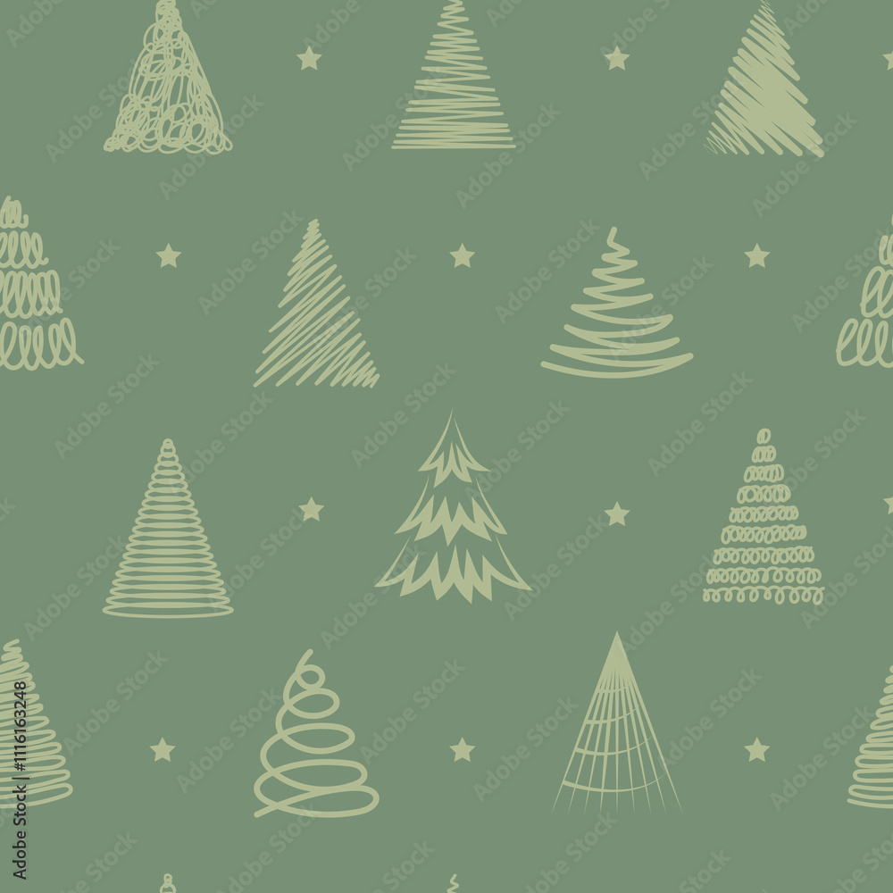 Obraz premium Winter graphic seamless pattern with christmas trees on green background.Vector seamless pattern. Best for wallpapers, textile, wrapping paper and seasonal decoration.Hand drawn vector illustration.