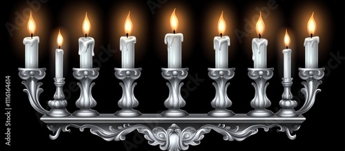 Elegant silver menorah with eight lit candles illuminating a dark background, symbolizing the festival of Hanukkah and tradition. photo