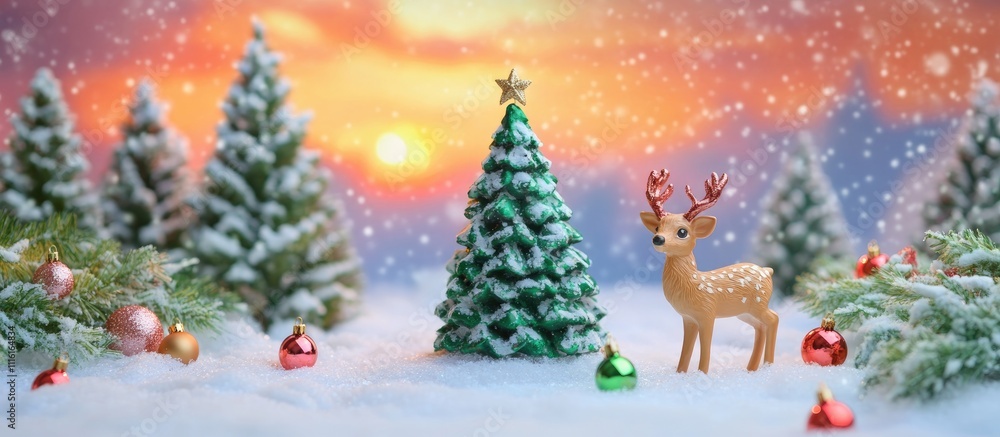 Fototapeta premium Christmas winter scene with decorated tree, deer figurine and ornaments against a snowy landscape and colorful sunset background