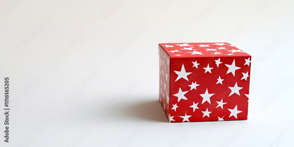 Obraz premium A red box adorned with white stars stands out on a white backdrop, emphasizing the contrast between the vivid colors and the neutral background.