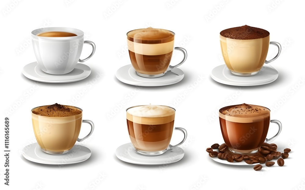 A stunning 3D realistic vector illustration featuring an exquisite collection of five different coffee cups. A stunning 3D realistic vector illustration featuring an exquisite collection of five different coffee cups.