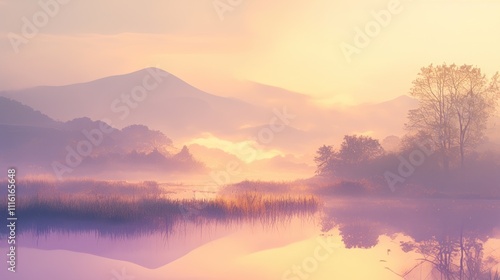 Misty sunrise over calm lake reflecting mountains and trees.