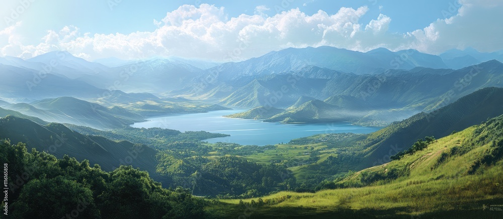 Panoramic view of tranquil lake surrounded by lush green mountains under a clear blue sky showcasing nature's serene beauty Panoramic view of tranquil lake surrounded by lush green mountains under a clear blue sky showcasing nature's serene beauty