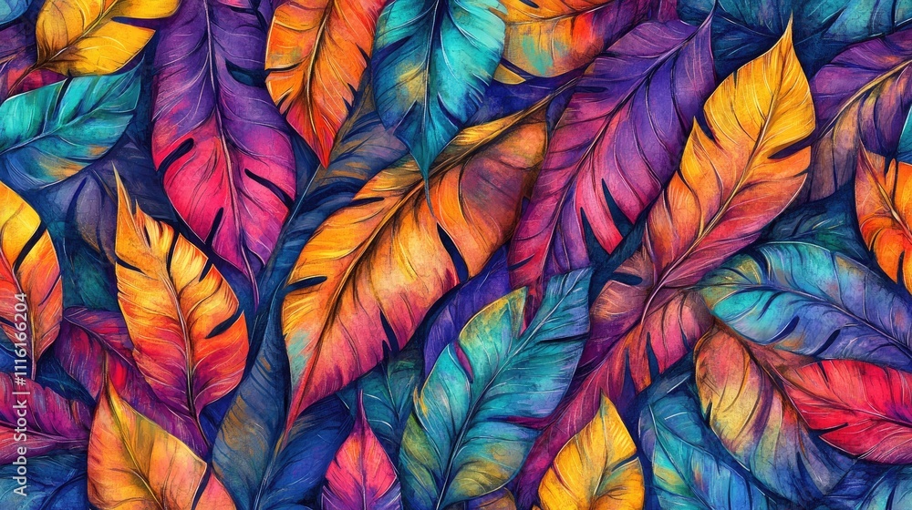 Vibrant multicolored tropical leaves creating a striking background for nature or design themed projects Vibrant multicolored tropical leaves creating a striking background for nature or design themed projects