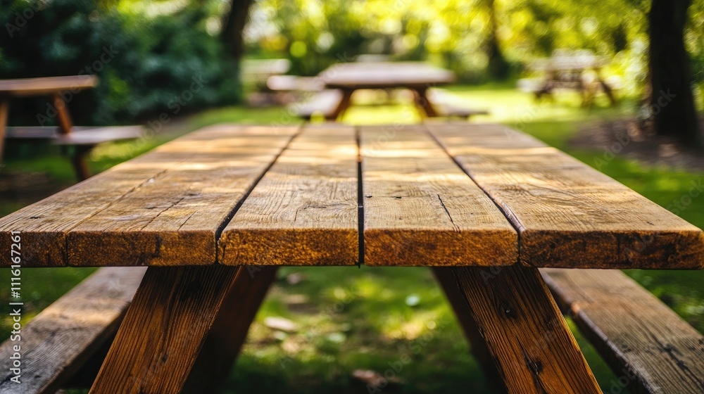 Close-up of a wooden picnic table set for enjoyment, highlighting the rustic charm of the table and its inviting surface, ideal for outdoor dining moments. Photo style with ample copy space. Close-up of a wooden picnic table set for enjoyment, highlighting the rustic charm of the table and its inviting surface, ideal for outdoor dining moments. Photo style with ample copy space.