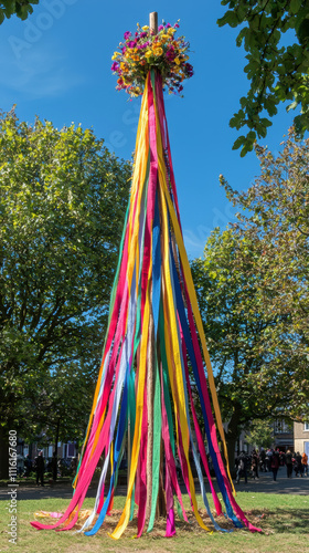 colorful Maypole with ribbons and flowers under clear sky photo