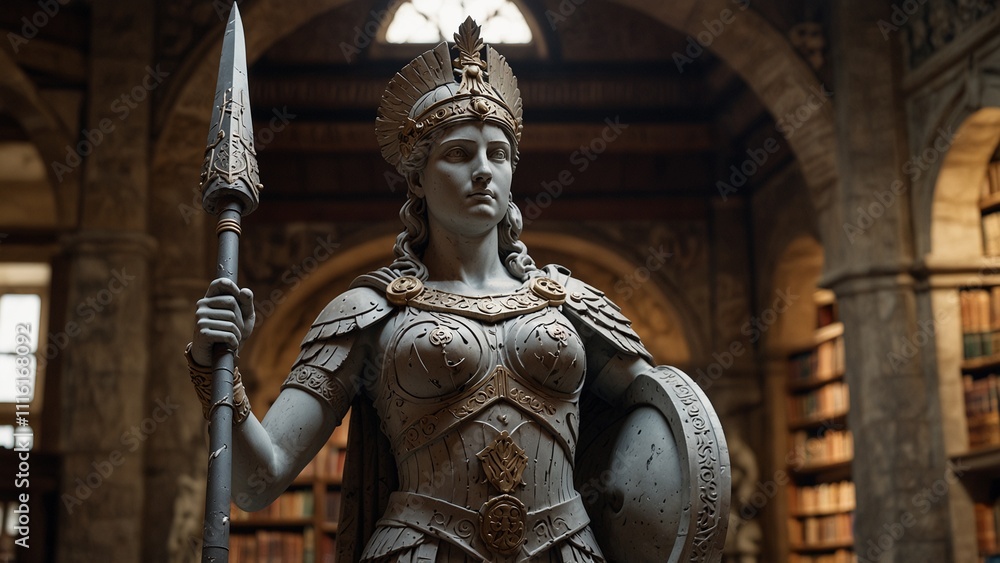 Obraz premium Statue of Athena, goddess of wisdom and war, holding a shield and spear, dressed in armor, set against the backdrop of a library of wisdom and ancient carvings, with carvings reflecting her balance of