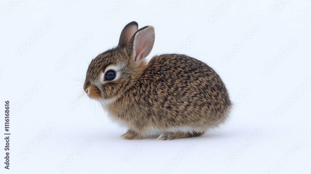 Obraz premium Cute small rabbit with fluffy fur sitting on a clean white backdrop perfect for nature or pet-themed projects.