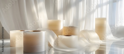 Wallpaper Mural Rolls of transparent film arranged on white fabric near sheer curtains in sunlight. Torontodigital.ca