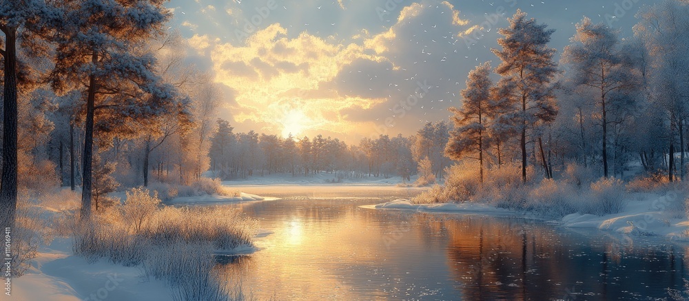 Fototapeta premium Serene winter landscape featuring a tranquil river reflecting golden sunset amidst snow-covered trees and a picturesque sky.