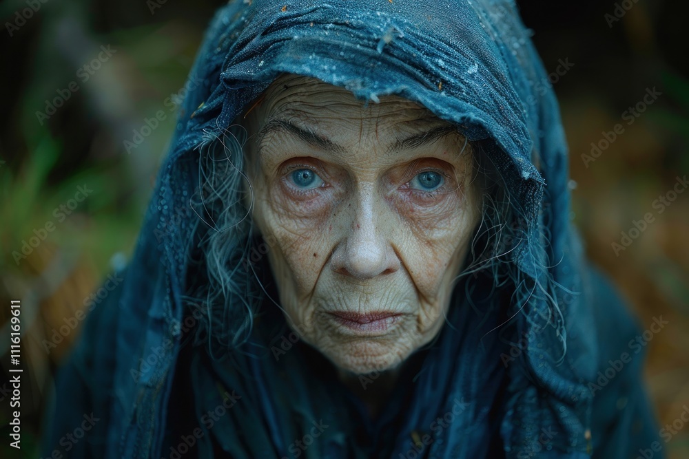 Hunchbacked Old Woman in Rags at Night in a Forest Hunchbacked Old Woman in Rags at Night in a Forest