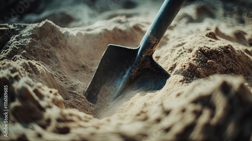 A shovel buries itself into the sand, creating a hole filled with loose grains. The image captures the action of digging in sand with ample copy space for text.