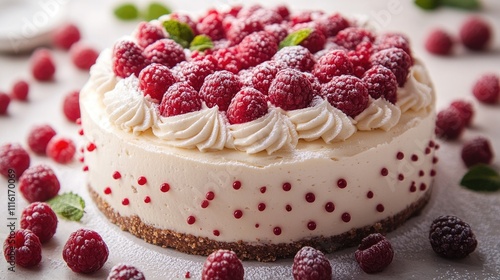 Delicious raspberry cream cake decorated with fresh berries and mint leaves, placed on a clean white background, dessert, culinary, gourmet, indulgent treat. photo