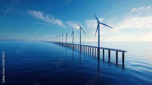 Longspan sea bridge with wind turbines integrated into the structure, generating renewable energy as it crosses the bay photo