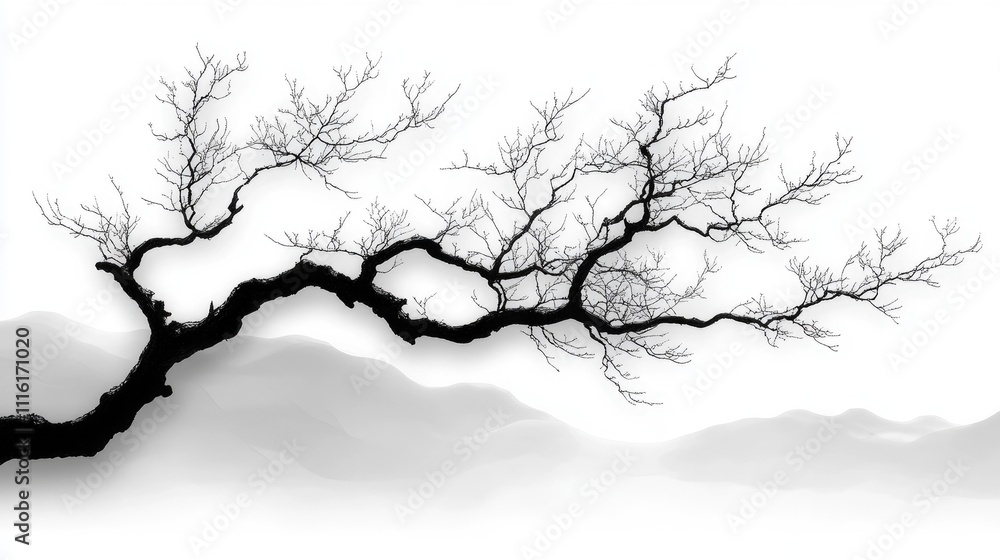Fototapeta premium Silhouette of a leafless tree branch against a soft white background with subtle gray mountains in the distance