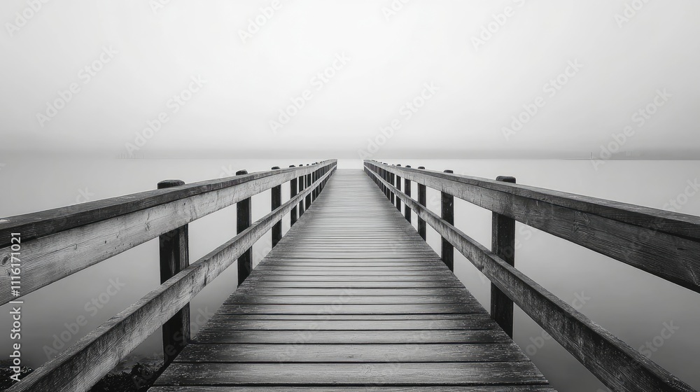 Fototapeta premium Long wooden pier stretches into the horizon, inviting exploration. The wooden pier creates a serene atmosphere with ample space for peaceful reflection and creative compositions.