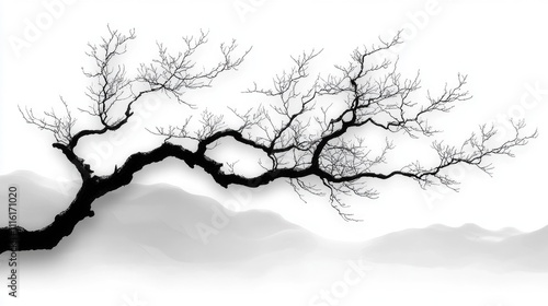 Wallpaper Mural Silhouette of a leafless tree branch against a soft white background with subtle gray mountains in the distance Torontodigital.ca
