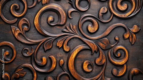 Closeup of a wooden panel intricately designed with dark gothic swirls, highlighting the unique patterns and textures, perfect for artistic and decorative uses. Copy space included. photo