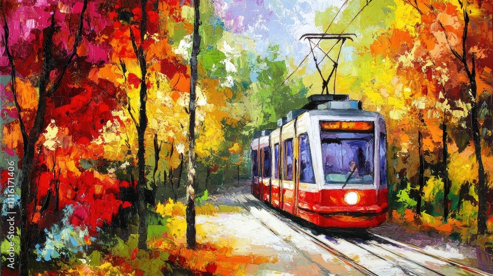 Obraz premium Tram Journey Through Vibrant Autumn Colors in a Park Setting
