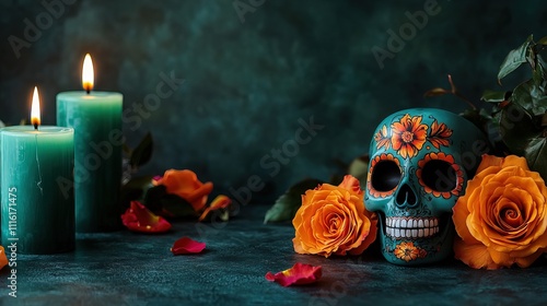 Teal sugar skull with orange roses and candles.