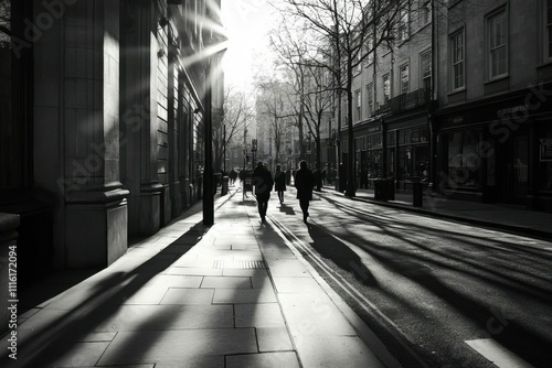 Wallpaper Mural Black-and-white street scene with people walking in sunlight. Torontodigital.ca