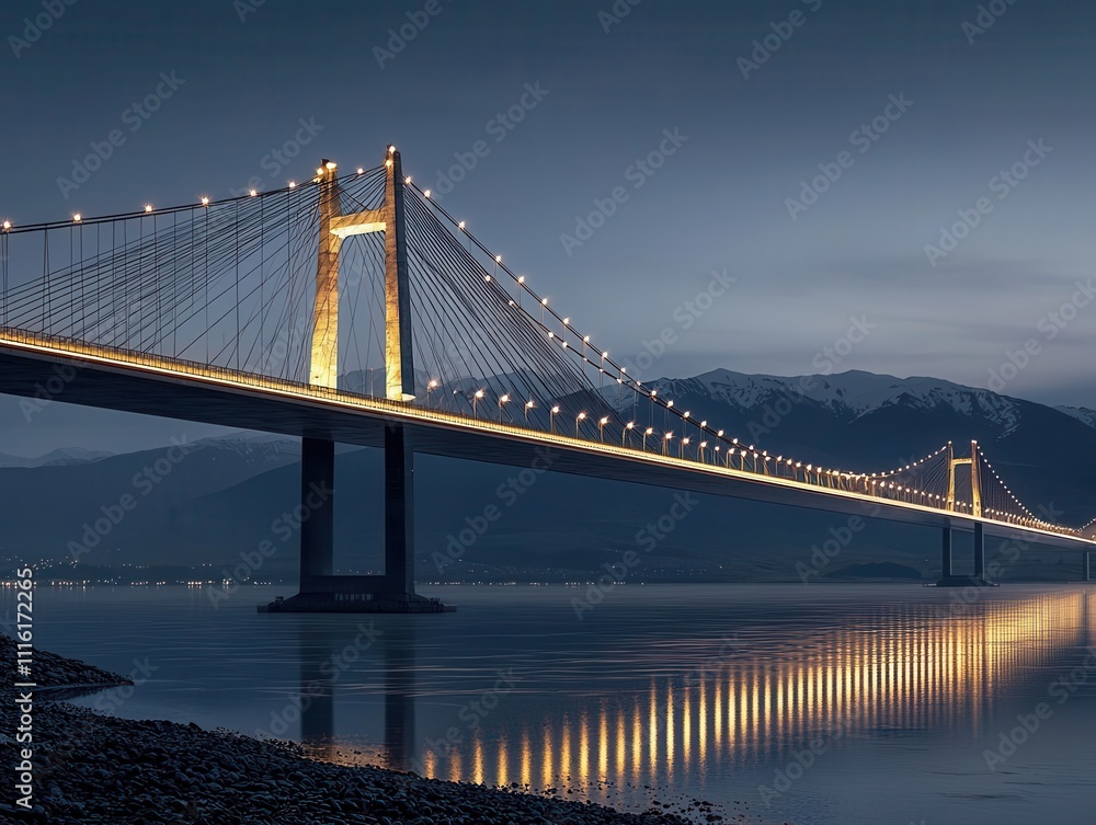 Fototapeta premium Modern cablestayed bridge with illuminated towers, crossing a river at night, creating a glowing architectural landmark