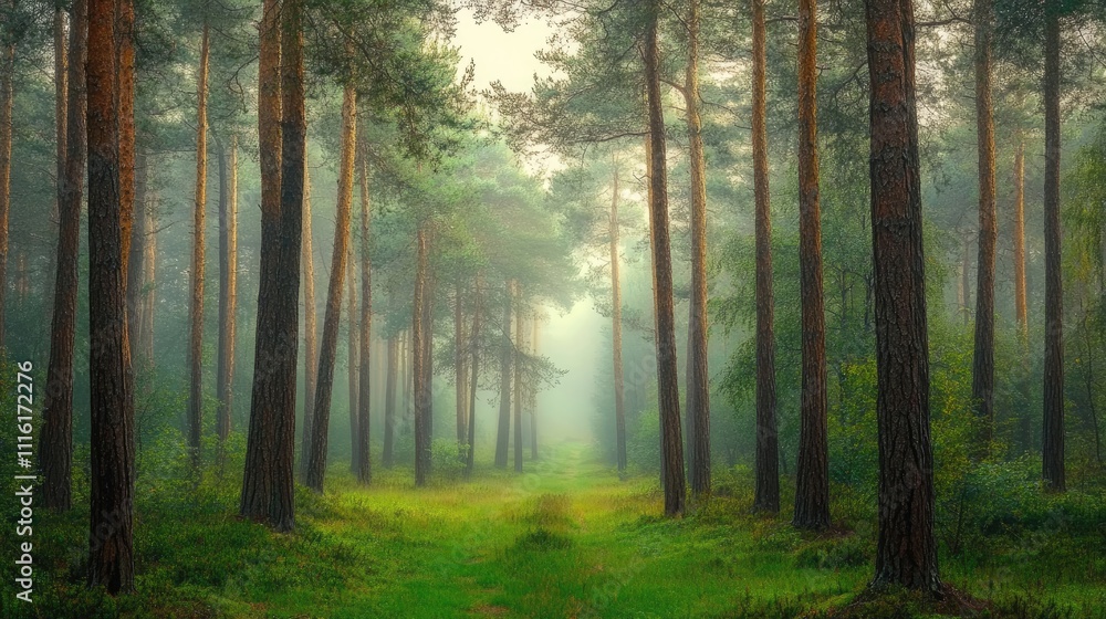 Fototapeta premium Misty dusk envelops a pine forest, creating a fantasy atmosphere amidst towering trees. This close-up captures the enchanting essence of pine forest scenery, with ample space for text.