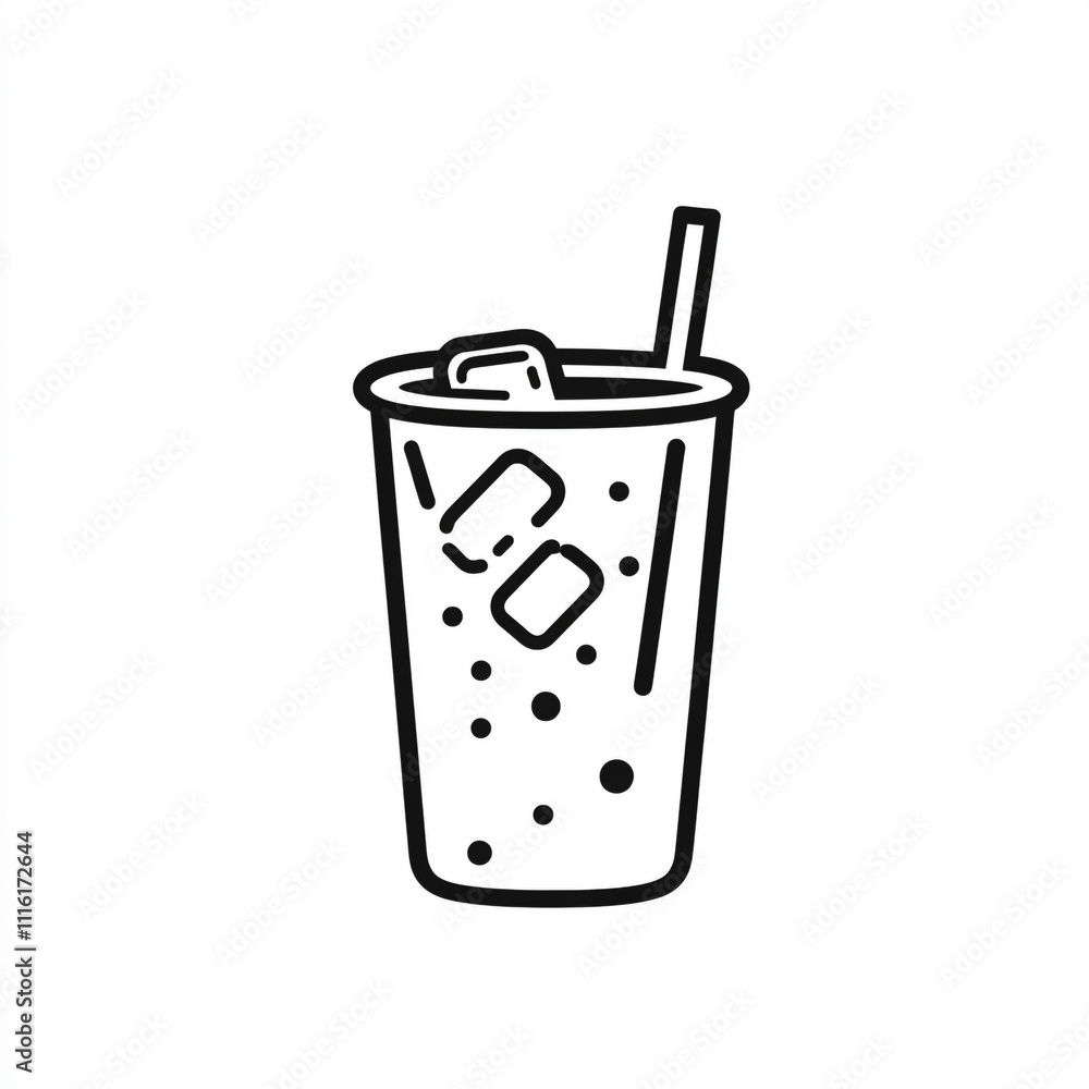 A black and white drawing of drink in a cup with ice and a straw in it. A black and white drawing of drink in a cup with ice and a straw in it.
