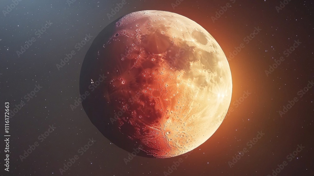 Obraz premium Lunar Eclipse Captured in Mid Totality Showcasing Earth's Shadow on the Moon's Surface