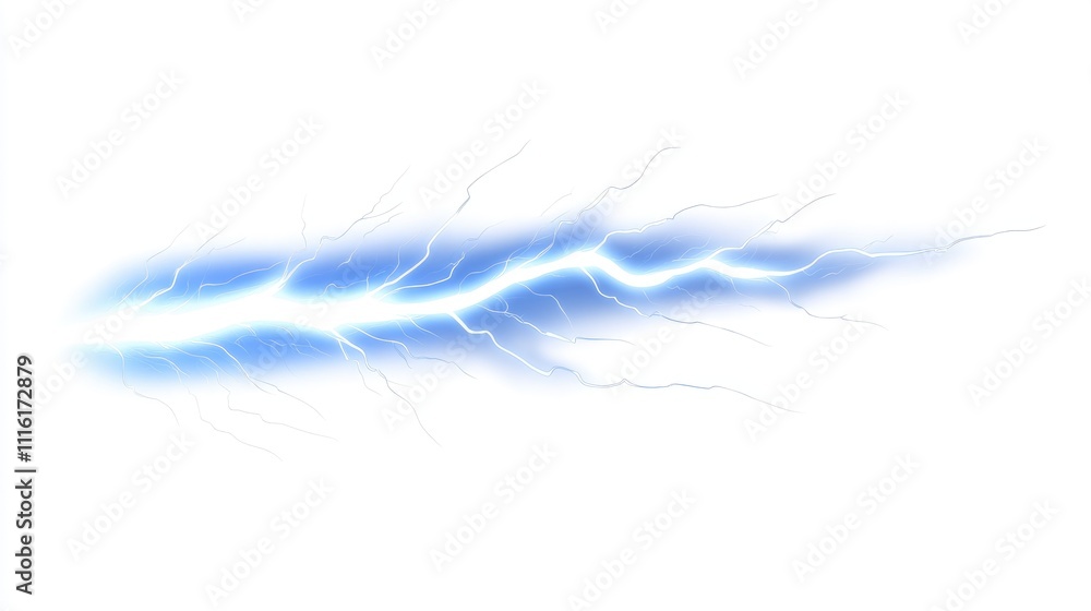 Fototapeta premium Blue lightning bolt isolated on white background with blurred effects creating a dynamic and abstract visual representation of electricity.