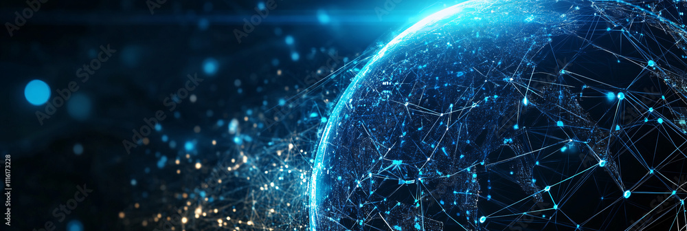 Obraz premium A futuristic globe icon with interconnected tech nodes, representing global digital infrastructure and online communication. 